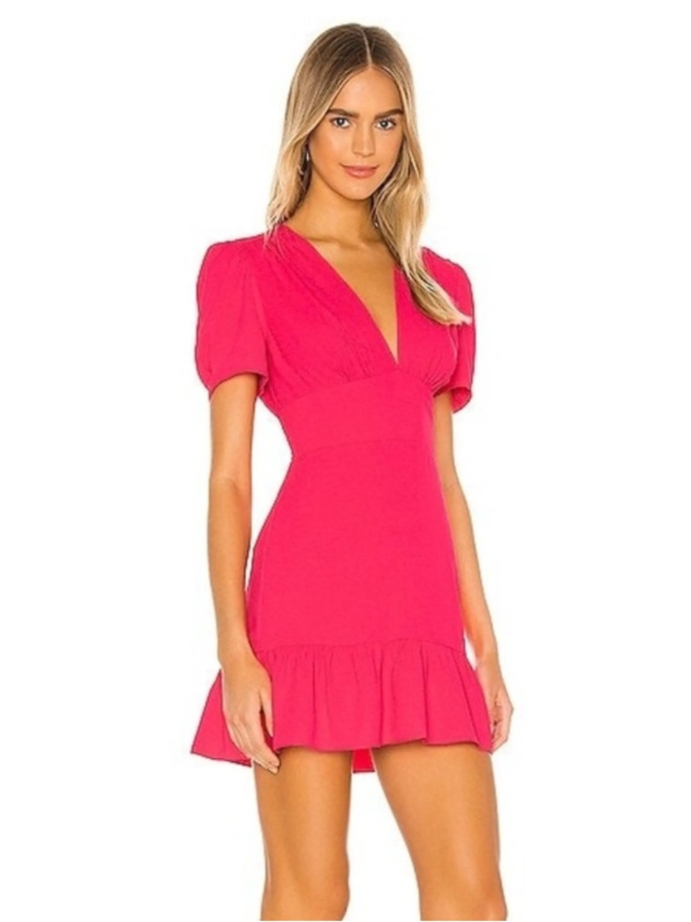 Amanda Uprichard V-Neck Short Sleeve Ruffle Hem Dress in Bright Pink S